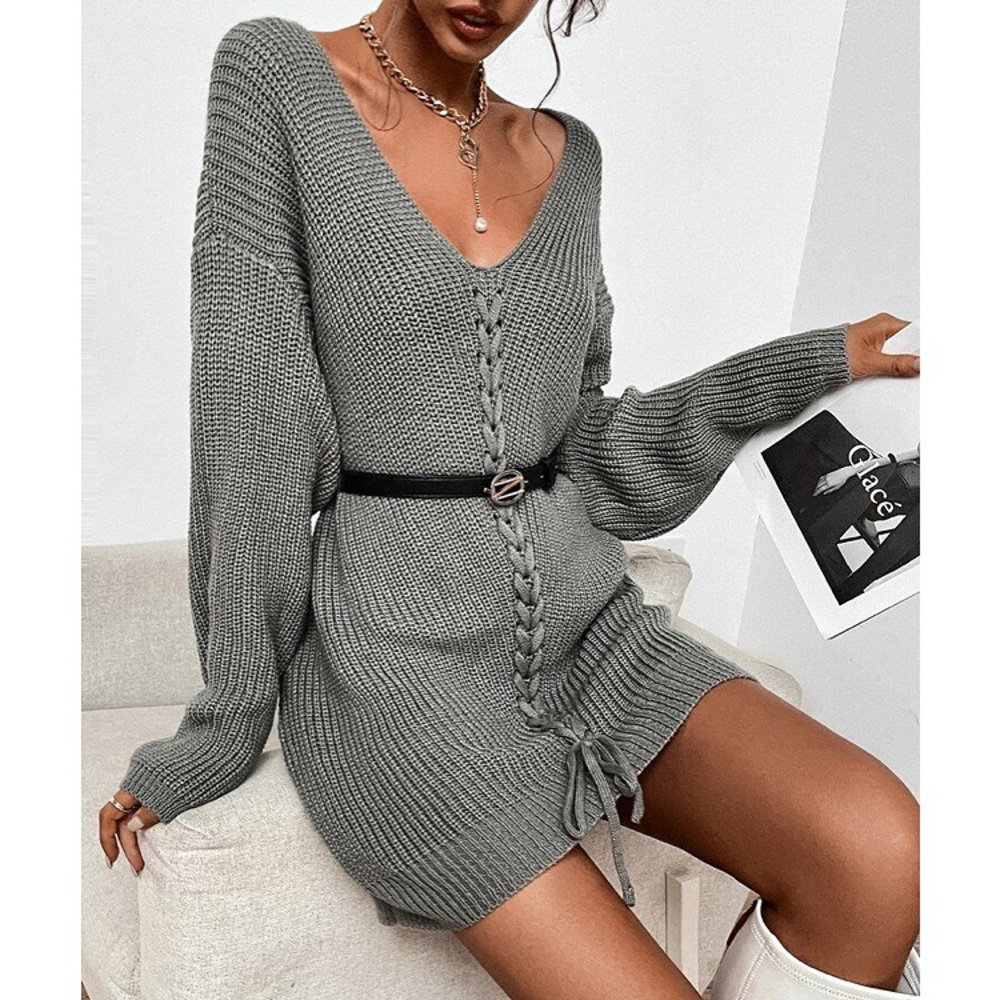 🐑 GREY BRAIDED KNIT V NECK SWEATER DRESS! - Picture 2 of 12